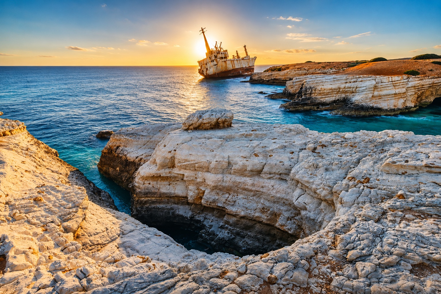 Edro III Shipwreck at sunset beside the white Sea Caves cliffs on the BiRide e-bike route near Paphos