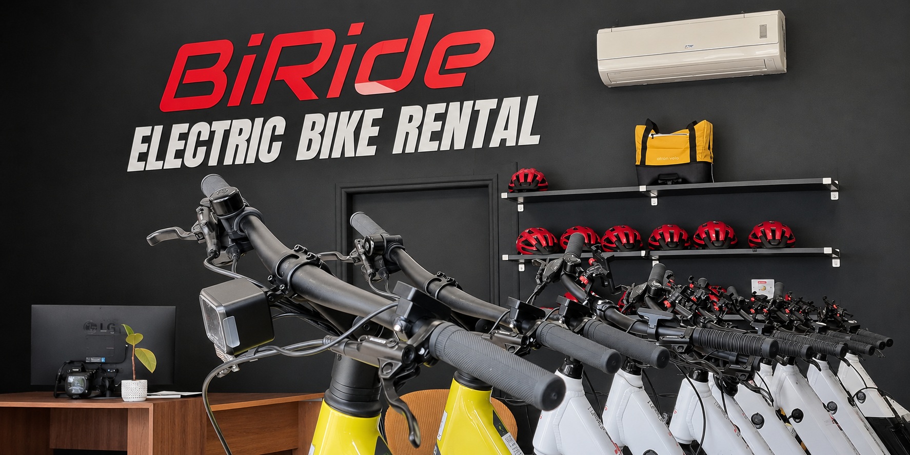 BiRide E-Bike-Showroom in Paphos mit Helmen und vorbereiteten Mieträdern