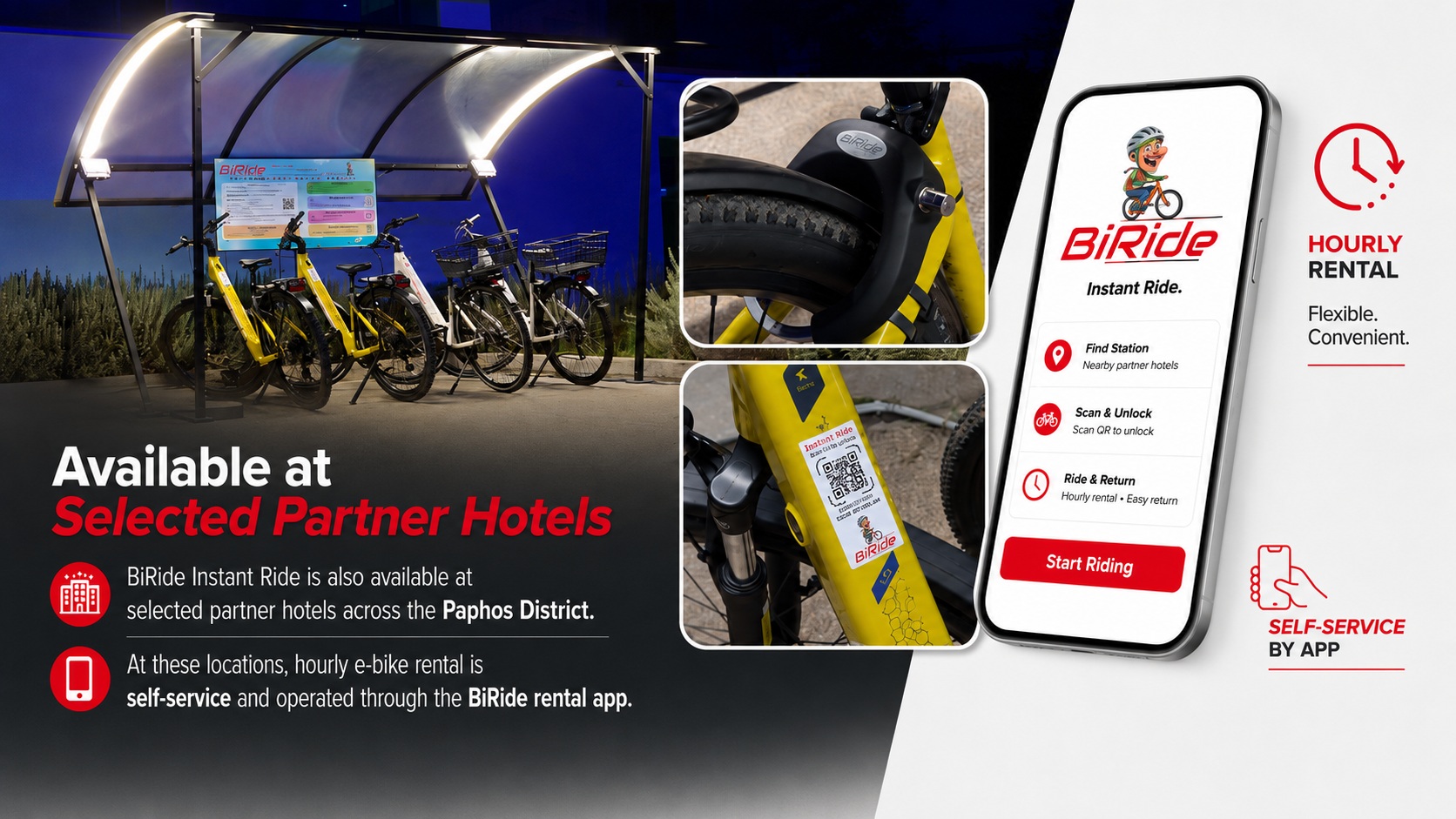BiRide Instant Ride self service hourly e-bike rental at selected partner hotels in Paphos operated through the BiRide rental app