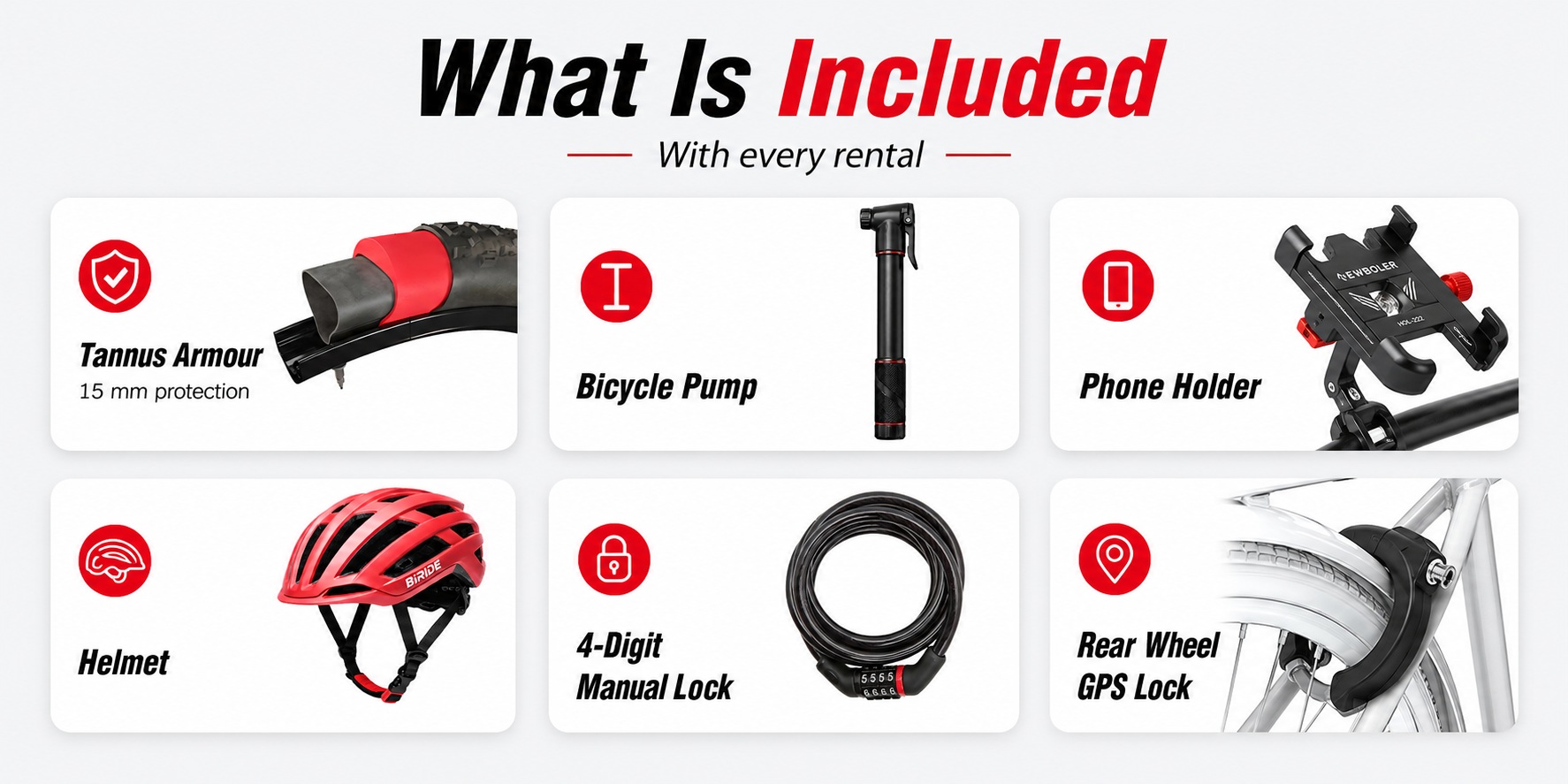 What is included with BiRide e-bike rental in Paphos, including helmet, lock, pump, phone holder, GPS lock and Tannus Armour protection