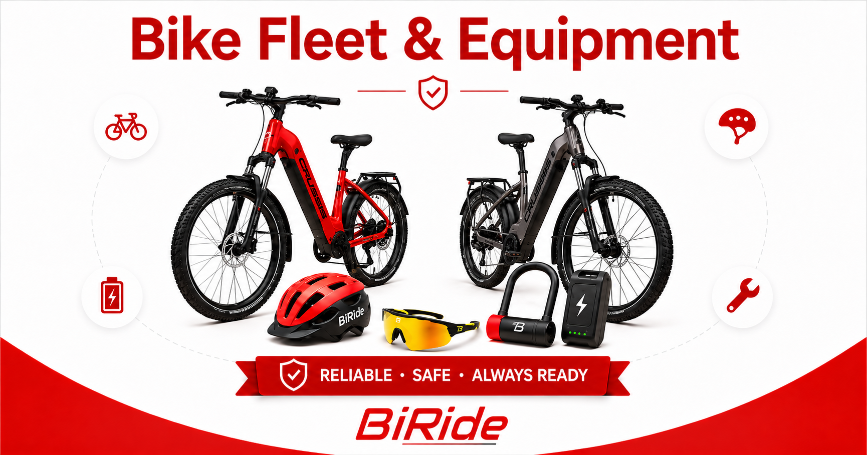 BiRide e-bike fleet, helmets, locks, batteries and rental equipment in Paphos pafos