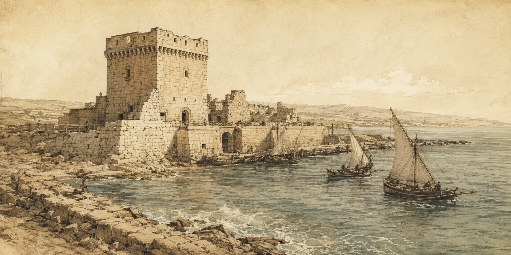 Digitally restored archival view of sailing boats beside Paphos Castle between 1927 and 1931, during its use as a British salt store