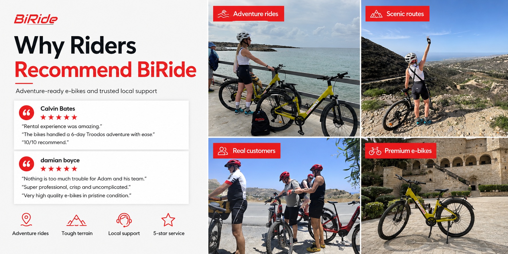 Graphic showing customer reviews and rider experiences with BiRide electric bike rental in Paphos, highlighting quality e-bikes, delivery service, friendly support and scenic cycling routes