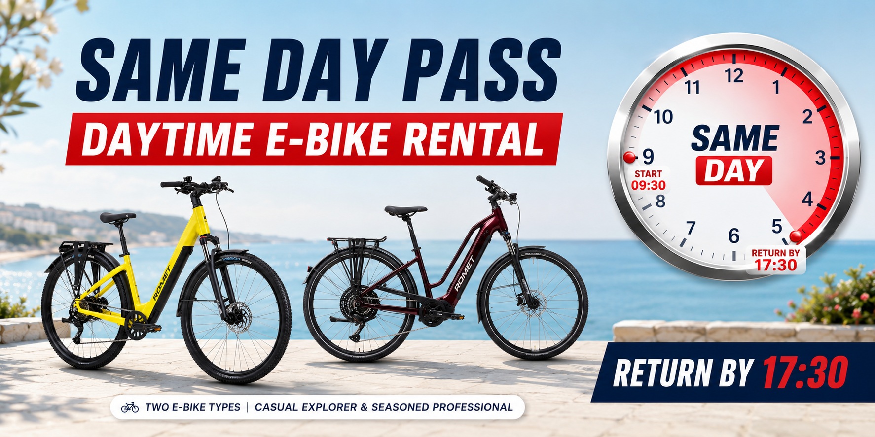 BiRide Same Day Pass e-bike rental in Paphos with Casual Explorer and Seasoned Professional electric bikes