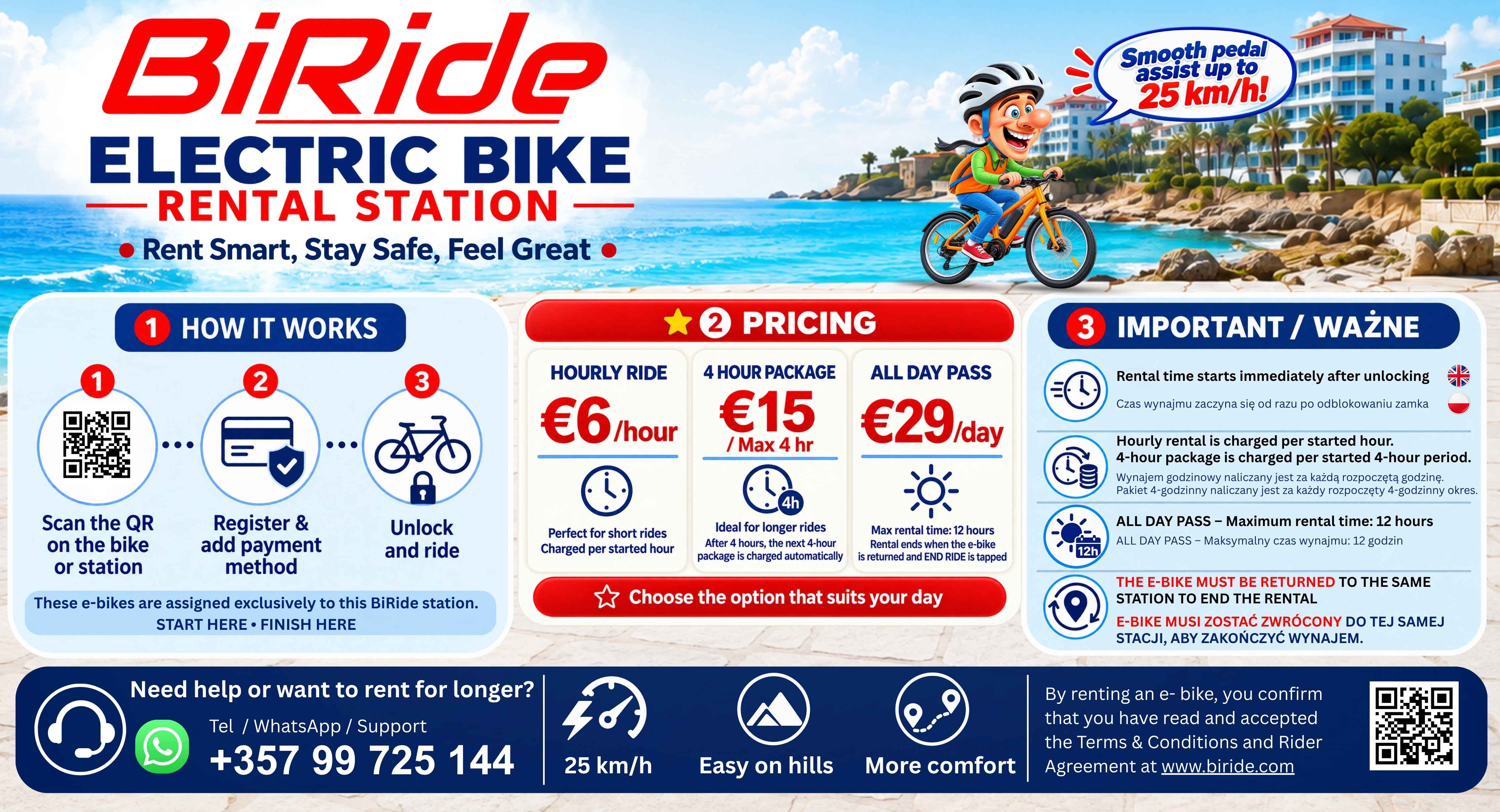 BiRide E-Bike-Verleihstation im King Evelthon Beach Hotel in Chloraka, Paphos, mit QR-Code-Anleitung und Mietpreisen