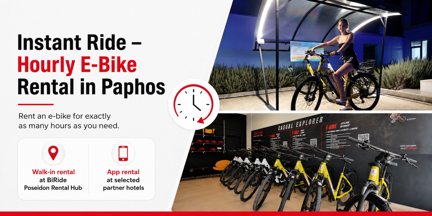 BiRide hourly e-bike rental in Paphos with walk-in rental at the Poseidon Rental Hub and app rental at selected partner hotels.