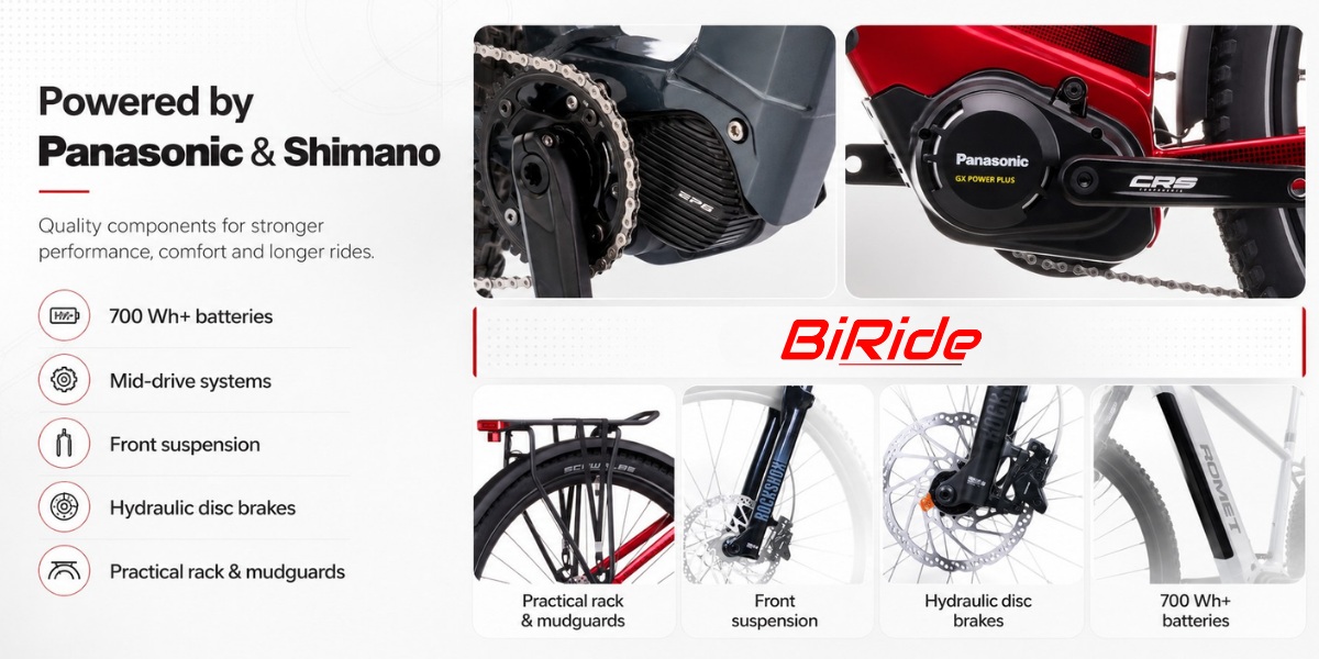 BiRide Panasonic and Shimano mid-drivecomponents with 700 Wh batteries front suspension hydraulic disc brakes rack and mudguards