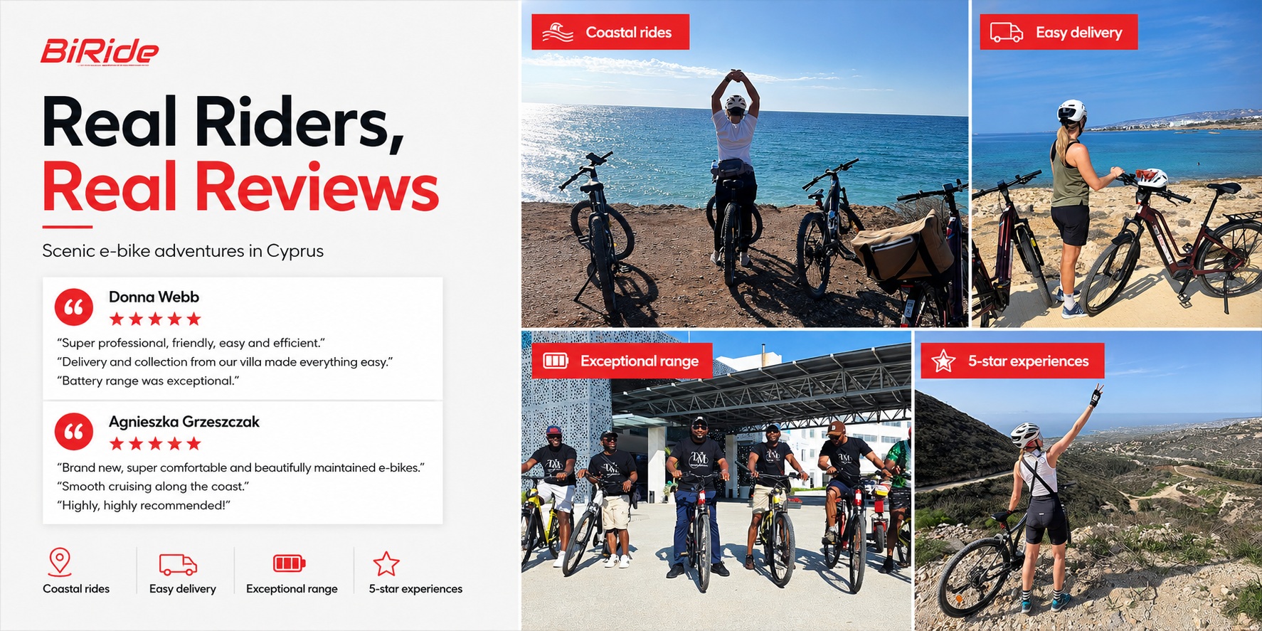 Collage of BiRide customers enjoying electric bike adventures in Paphos and across Cyprus, including coastal rides, scenic viewpoints and guided e-bike experiences.